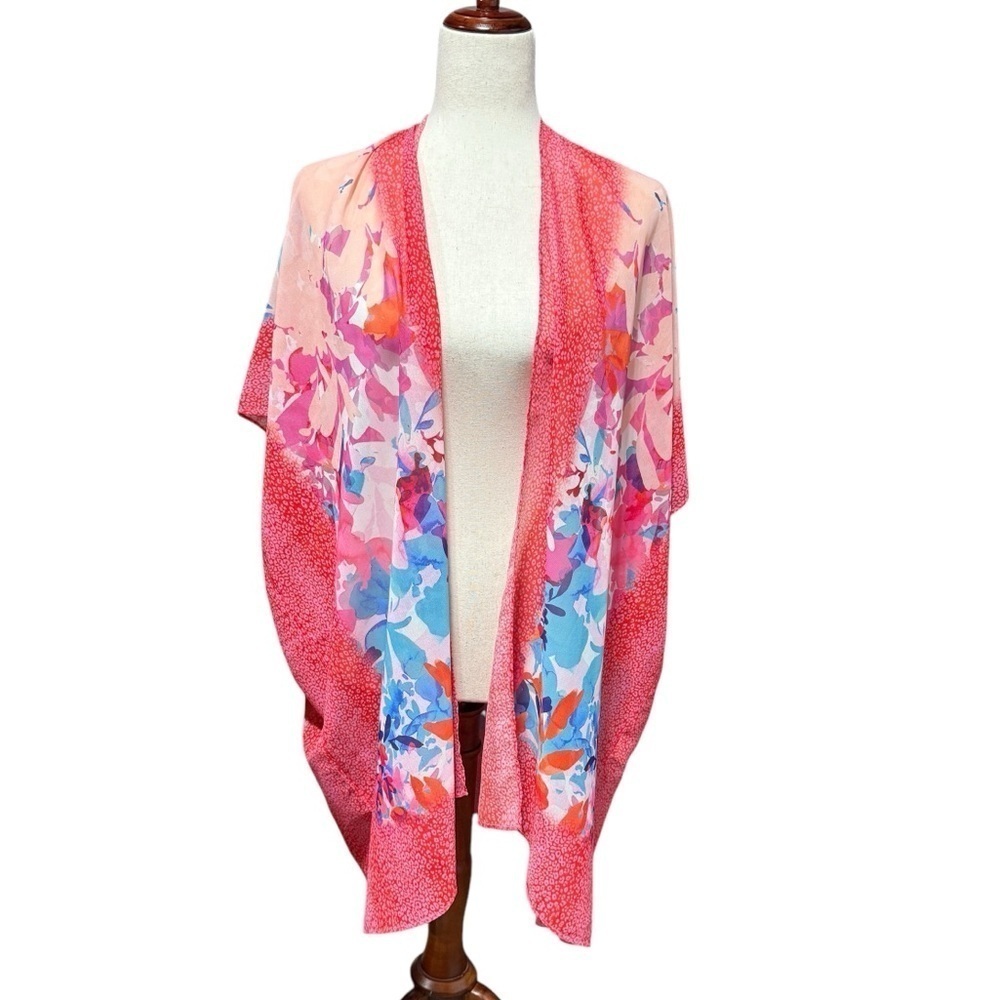 Soft Surroundings Chiffon Kimono Pink Floral‎ Leopard Sz Small Medium Multicolor